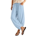 thumbnail image 1 of LEAVINGSUO Women's Cotton Linen Pants Drawstring Elastic Waist Straight Loose Fit Jogger Trousers with Cuffed Hem Light Blue S, 1 of 6