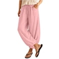 thumbnail image 1 of LEAVINGSUO Women's Cotton Linen Pants Drawstring Elastic Waist Straight Loose Fit Jogger Trousers with Cuffed Hem Pink XL, 1 of 6
