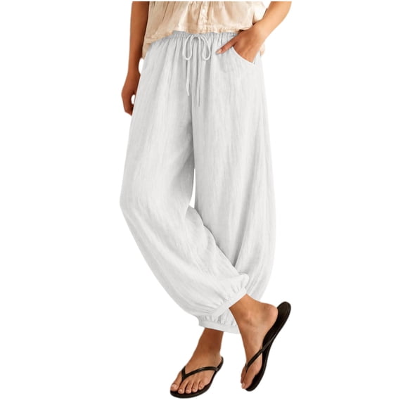 LEAVINGSUO Women's Cotton Linen Pants Drawstring Elastic Waist Straight Loose Fit Jogger Trousers with Cuffed Hem White S