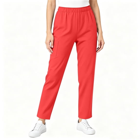LEAVINGSUO Women’s Elastic Waist Scrub Pants Solid Color Loose Work Uniform Loose Tight Waist Pocket Nursing Uniform Pants Red L