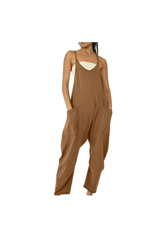 Women's Pants Clearance under $5 Fashion Women Casual Cold Shoulder Jumpsuit Solid Suspender Jumpsuits Wide Pocket Leg Pant Brown L