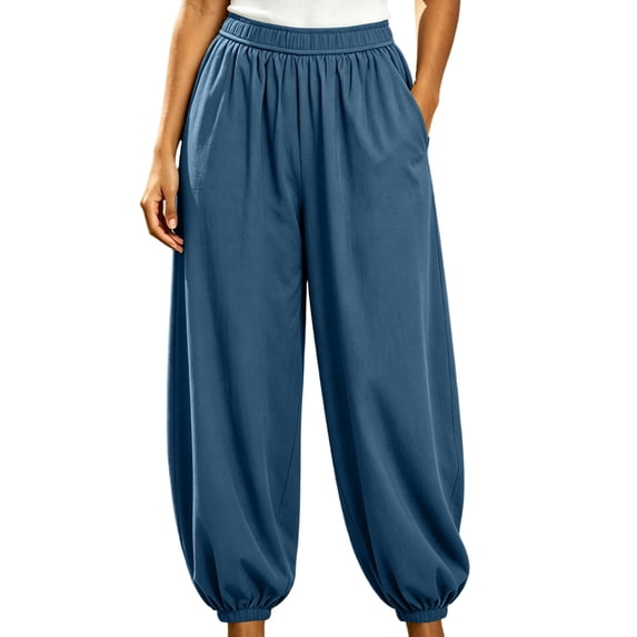 LEAVINGSUO Women's Plus Size Wide Leg Balloon Pants High Waist Jogger Pants For Breathable Loose Trousers With Side Pockets For Casual Travel Lounging Navy M