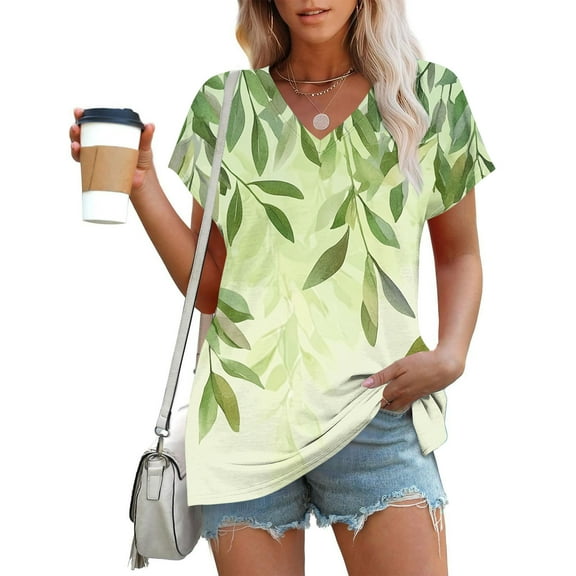 GaThRRgYP Women's Short Sleeve V Neck Boho Tops,Women's Fashion Casual Comfortable Printed Short Sleeved V-Neck T-Shirt Blouse Green S