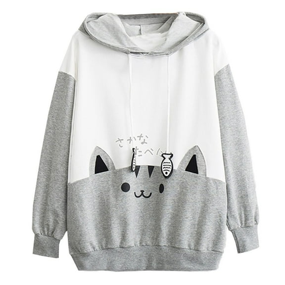 LEAVINGSUO Women's Sweatshirt Hoodie Fall Winter Fashion Casual,Womens Casual Long Sleeve Kitty Print Pocket Thin Hoodie Blouse GY/S