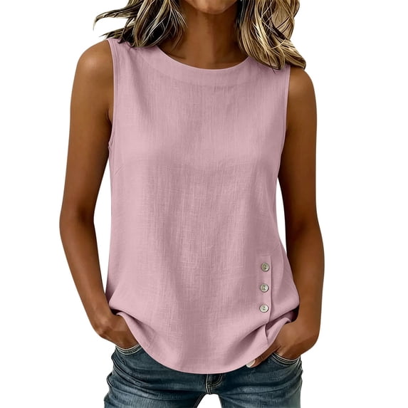 LEAVINGSUO Women's Tops Blouses Summer Solid Color Round Neck Sleeveless Button-Down Top T-Shirt Pink M