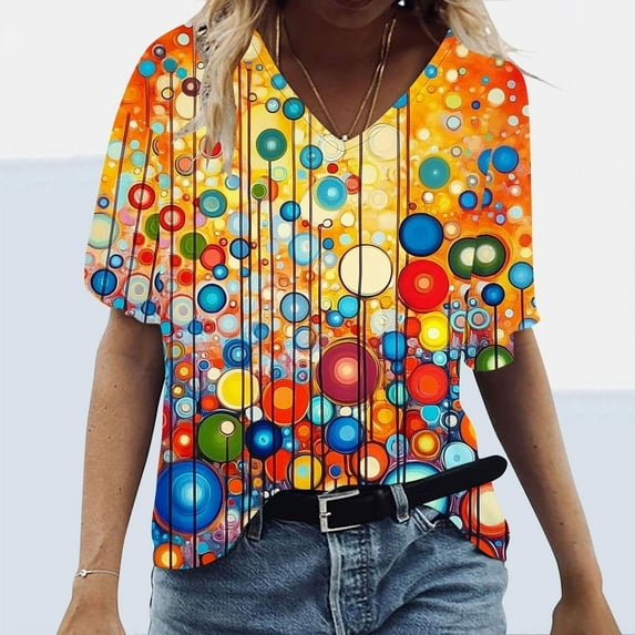 GaThRRgYP Women's V Neck Short Sleeve Workwear Tops,Women's Loose Casual Short Sleeve V Neck T Shirts Printed Tshirts Blouses Orange M