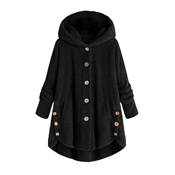 LEAVINGSUO Womens Fashion Winter Coats for Women Women Plus Size Button Plush Tops Hooded Loose Cardigan Wool Coat Winter Jacket Black XXL
