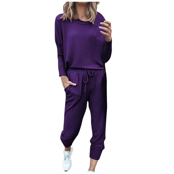LEAVINGSUO Womens Fashion Womens Pants Casual Pants Women Women's Two-Piece Casual Pants Sets Long Sleeve Wear Sports Suit Purple M