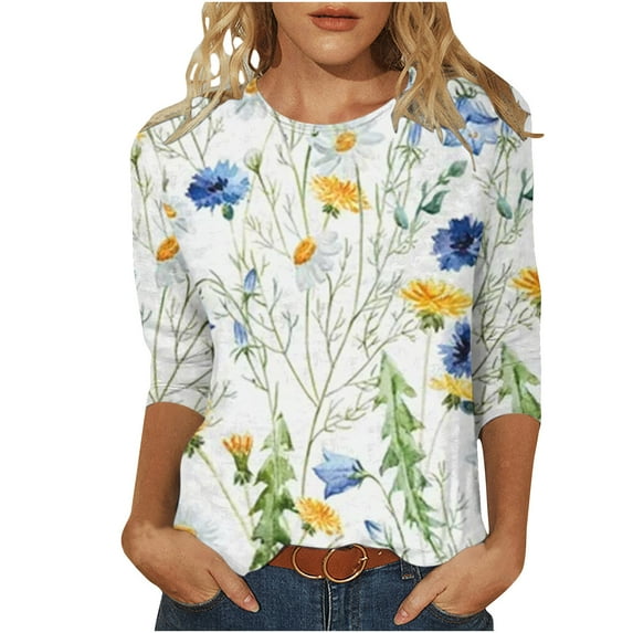 GaThRRgYP Womens Fashion Womens Plus Size Clearance $5 Women's Fashion Printed T-Shirt Mid-length 3/4 Sleeves Blouse Round Neck Casual Tops