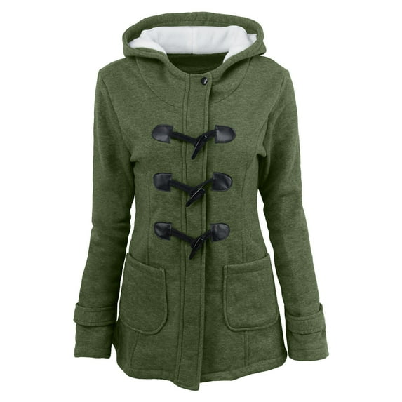 GaThRRgYP Womens Jackets Trendy,Women Color Horn Buttons Cardigan Padded Hooded Coat Jacket Overcoat Army Green XL
