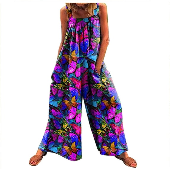 LEAVINGSUO Womens Pants Summer Fall Clearance Fashion Womens Fashion Pants Overalls Rompers Printed Buttons Suspender Jumpsuit Purple M