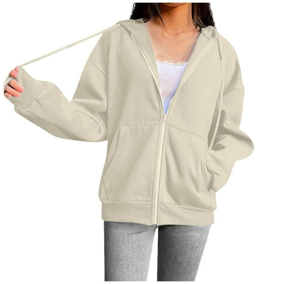 LEAVINGSUO Womens Plus Size $10 Fashion Women's Zipper V-Neck Pullover Tops Long Sleeve Hooded Blouse Sweatshirt