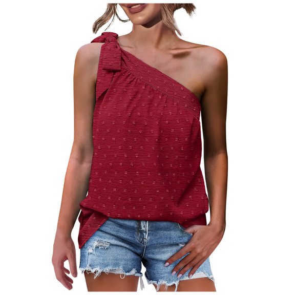 LEAVINGSUO Womens Plus Size $5 One Shoulder Tops for Women Summer Chiffon Tie Bow Knot Sleeveless Tank Tops Loose Fit Red M