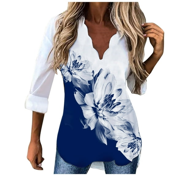 LEAVINGSUO Womens Plus Size Clearance $5 Plus Size Women Casual Loose V-Neck Printing Long Sleeve Blouse
