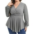thumbnail image 1 of LEAVINGSUO Womens Plus Size $5 Women Loose Casual Long Sleeve Solid V-neck Casual Blouse T-Shirt Tops, 1 of 6