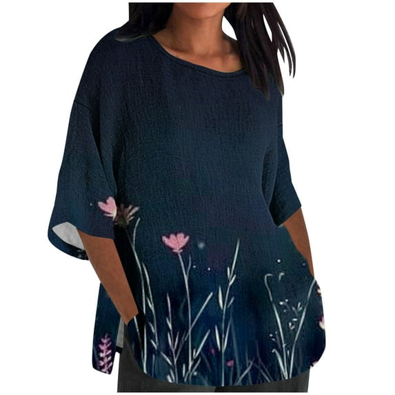 LEAVINGSUO Womens Plus Size Long Sleeve Tunic Tops,Women's Ladies Fashion Casual Cropped 3/4 Sleeve Printing Loose Shirt Blouse Top Black XXXL