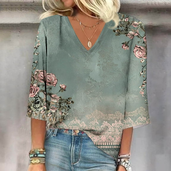 GaThRRgYP Womens Plus Size Tops,Women's Long Sleeve Summer V Neck Sexy Casual Regular Printed Blouse Green M