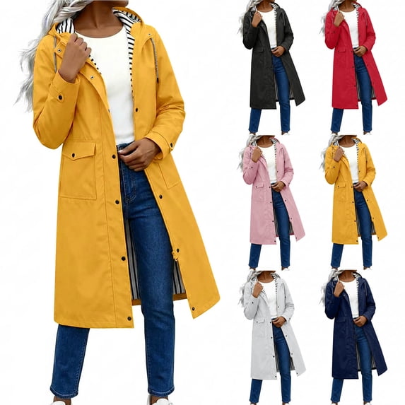LEAVINGSUO Womens Raincoats Waterproof with Hood Windproof Raincoat Striped Lined Outdoor Hiking Camping Jacket With Pockets Red L