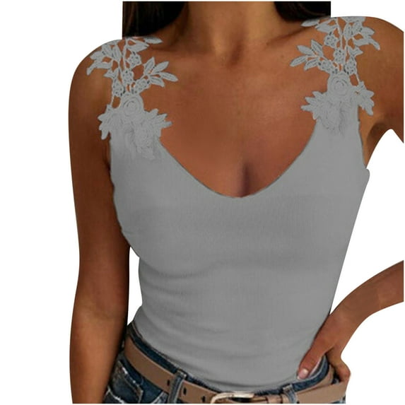 LEAVINGSUO Womens Shirts, Tank Top for Women Sexy Fashion Sexy Womens V-Neck Patchwork Solid Lace Short Camis Tops Vest Gray XL