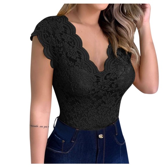 LEAVINGSUO Womens Shirts, Tank Top for Women Sexy Women's Sexy Slim Solid Lace V-Neck Sleeveless Top Black XXL