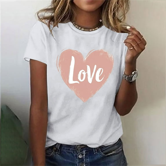 GaThRRgYP Womens Soft Crew Neck Short Sleeve Shirt,Ladies' Valentine's Day Printed Round Neck Short Sleeved T-shirt Loose Casual White S