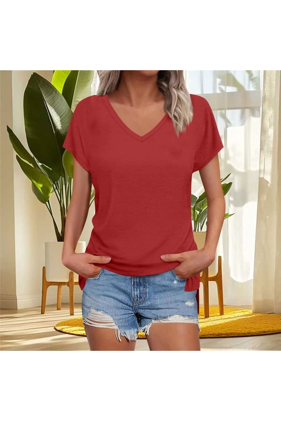 Womens Summer Tops under $5,Women's Fashion Solid Color Slit Raglan Sleeve Short Sleeve Blouse V-Neck T-Shirt Tops Red XXL
