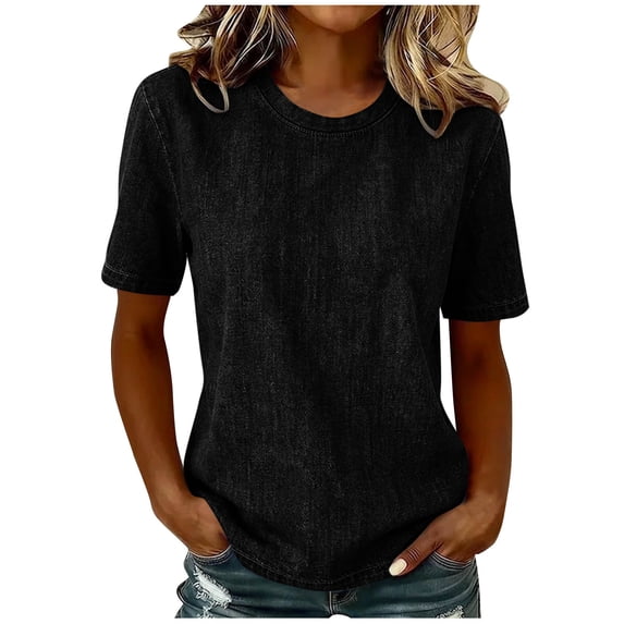 LEAVINGSUO Womens Tops Fashion Casual Solid Color Denim Crew Neck Pullover Short Sleeve Top Black S
