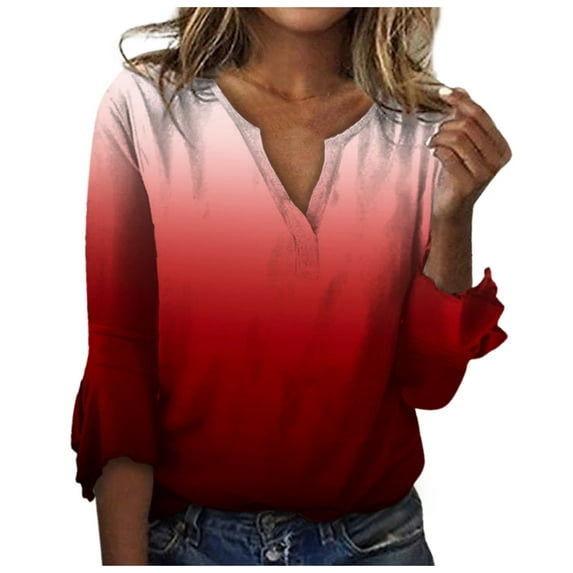 LEAVINGSUO Womens Tops Long Sleeve Fashion Woman V Neck Three Quarter 3/4Sleeve T Shirt AutumnBlouse Tops Sweatshirt