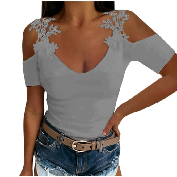 LEAVINGSUO Womens Tops Long Sleeve Fashion Women's Summer V-Neck Short Sleeve Lace Casual T-Shirt Blouse