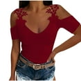 thumbnail image 1 of LEAVINGSUO Womens Tops Long Sleeve Fashion Women's Summer V-Neck Short Sleeve Lace Casual T-Shirt Blouse, 1 of 6