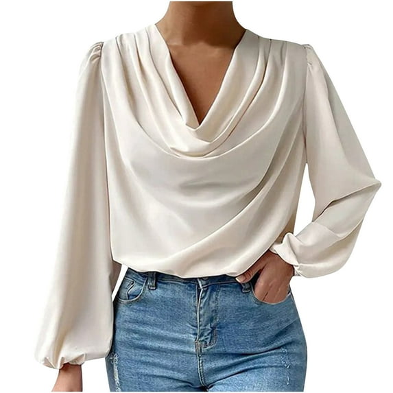 LEAVINGSUO Womens Tops Long Sleeve Women's New European and American Chiffon Long Sleeved Shirt Loose Draped V-neck Top Pile Collar T-Shirt