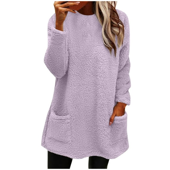 LEAVINGSUO Womens Tops Long Sleeve Fall Women's Round- Neck and Winter Loose Solid Pocket Warm Long Sleeve Blouse Tops