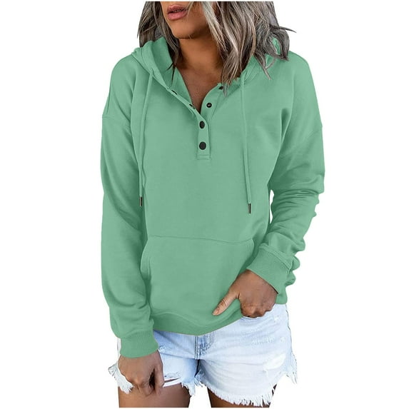 LEAVINGSUO Womens Tops Long Sleeve Fall Winter Women's Hooded Color Long-sleeved Sweatshirt Casual Blouse Pullover Tops Green S