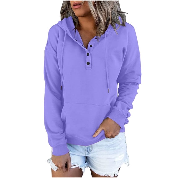 LEAVINGSUO Womens Tops Long Sleeve Fall Winter Clearance Women's Hooded Color Long-sleeved Sweatshirt Casual Blouse Pullover Tops Purple XL