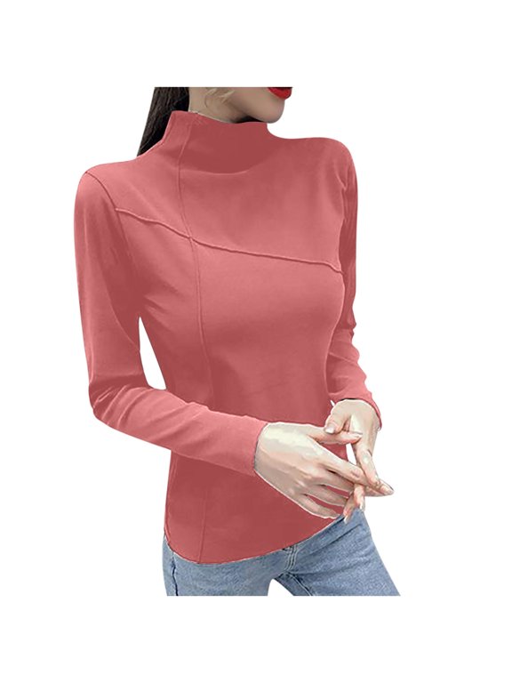 Womens Tops & T-Shirts- Round-Neck Casual Ladies Double-sided Velvet Cationic Self-heating Warm Bottoming Shirt Long-sleeved Outer Wear Short T-Shirt