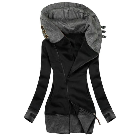 LEAVINGSUO Womens Tops Winter Coats for Women Women Fashion Solid Jacket Zipper Pocket Sweatshirt Long Sleeve Coat Black XL