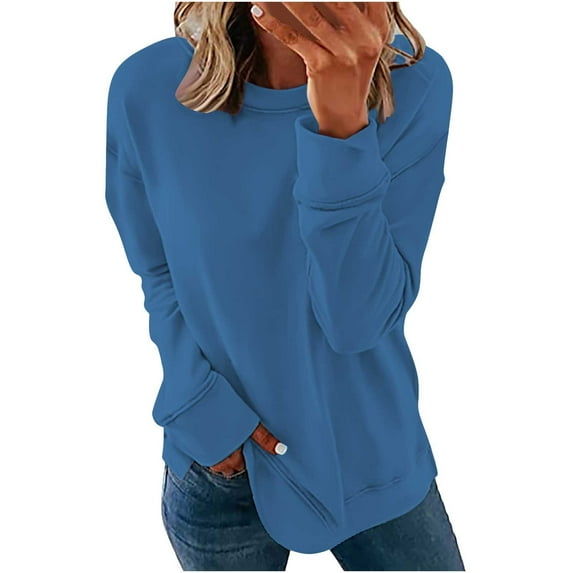 LEAVINGSUO Womens Tops Womens Plus Size Clearance $5 Women Long Sleeves Casual Shirts Color Round Neck Sweatshirt Pullover Loose Tunic Tops Blue S
