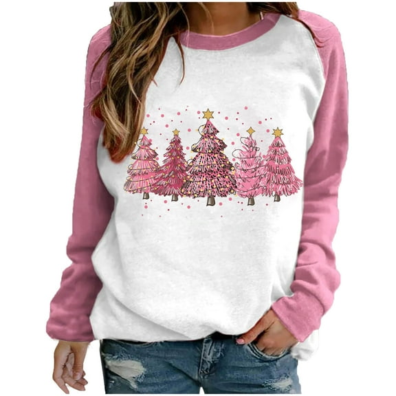 LEAVINGSUO Womens Tops Womens Plus Size $5 Women's Christmas Printed Round Neck Long Sleeved Top Loose Fitting Sweater Pink L