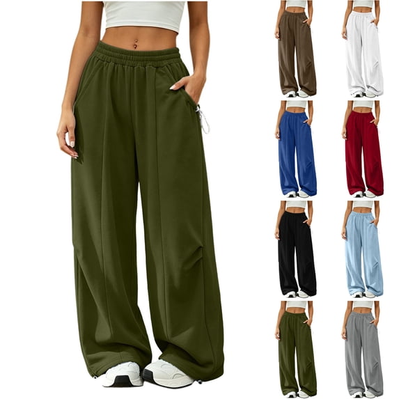 LEAVINGSUO Womens Wide Leg Sweatpants Fashion Solid Color Loose Elastic Waist Drawstring Strap Cargo Long Pants Blue XXL