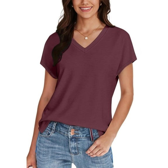 GaThRRgYP Workout Tops for Women,Women's Fashion Solid Color Slit Raglan Sleeve Short Sleeve Blouse V-Neck T-Shirt Wine S