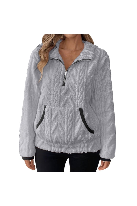 LEBONYAR Women's Fashion Lapel Half Zipper Pullover Fuzzy Fleece Sweaters Casual Solid Colored Large Pocket Long Sleeve Loose Fit Warm Ladies Sweaters