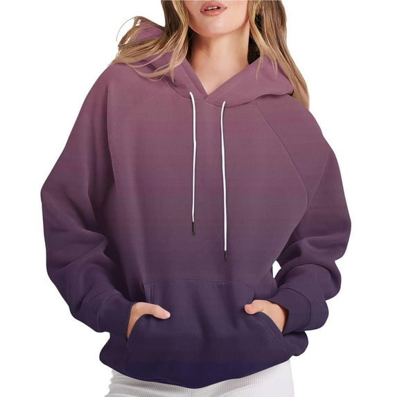 LEBONYAR Women's Fashion Round Neck Drawstring Hoodie Casual Gradient Color Long Sleeve Pocket Loose Fit Sweatshirts