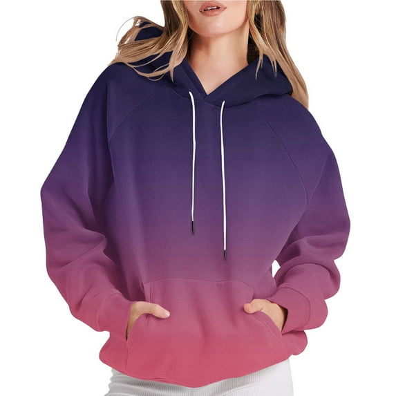 LEBONYAR Women's Fashion Round Neck Drawstring Hoodie Casual Gradient Color Long Sleeve Pocket Loose Fit Sweatshirts