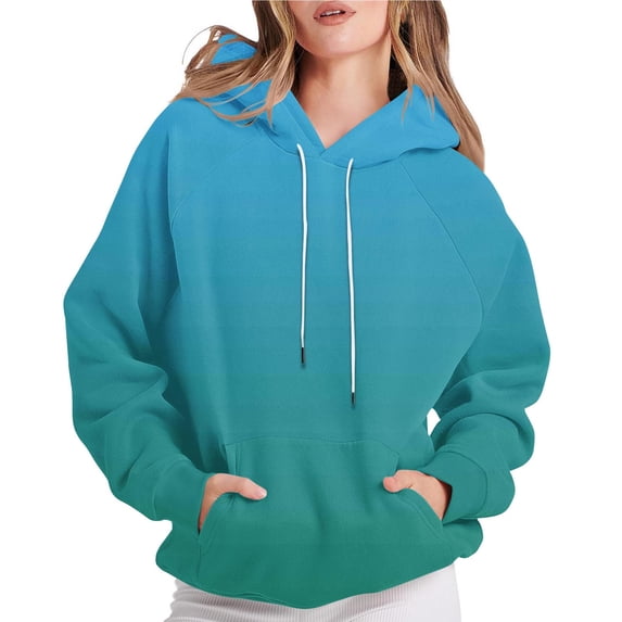 LEBONYAR Women's Fashion Round Neck Drawstring Hoodie Casual Gradient Color Long Sleeve Pocket Loose Fit Sweatshirts