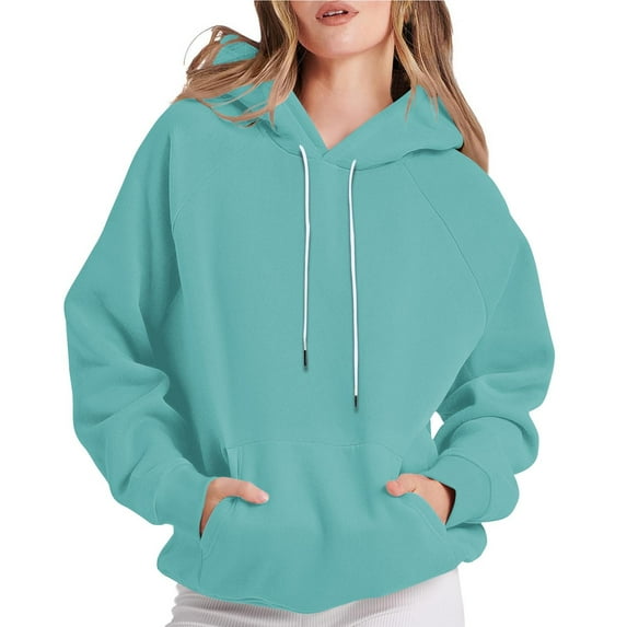 LEBONYAR Women's Fashion Round Neck Drawstring Hoodie Casual Solid Long Sleeve Pocket Loose Fit Sweatshirts