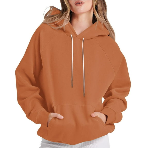 LEBONYAR Women's Fashion Round Neck Drawstring Hoodie Casual Solid Long Sleeve Pocket Loose Fit Sweatshirts