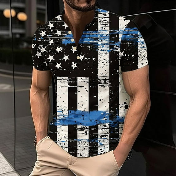 LEBONYARD 4th of July Patriotic T-Shirt for Men,mens blouses clearance summer,Men's Printing Button Casual Short Sleeve Round-Neck Blouses Shirts Multicolor S