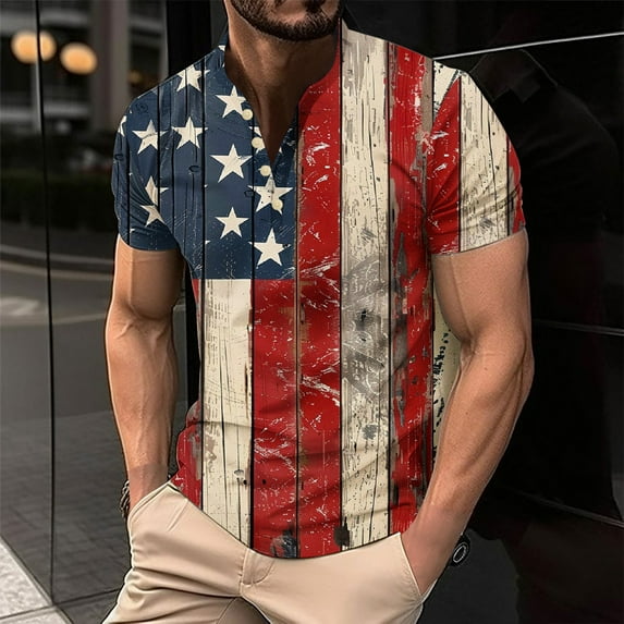 LEBONYARD 4th of July Patriotic T-Shirt for Men,mens blouses clearance summer,Men's Printing Button Casual Short Sleeve Round-Neck Blouses Shirts Multicolor XXXXL