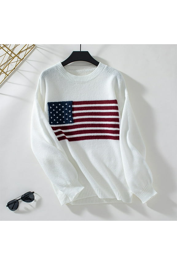 American Flag Sweater,Women's Winter Loose Flag Printed Sweater Long Sleeve Round Neck Sweater Top White#3 S