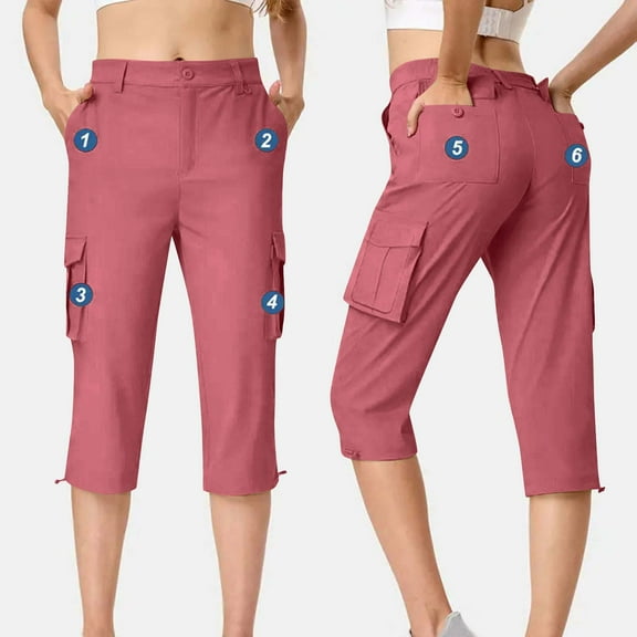LEBONYARD Belted Waist Wide Leg Pants Adjustable Comfort,Capris Womens Pants with Pockets Loose Casual Dressy Lightweight Ladies Baggy Cargo Shorts Capris for Hiking Pink XXL